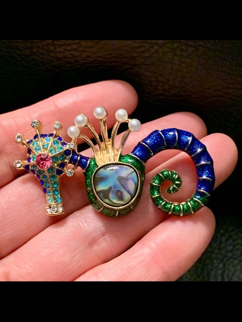 Green and Blue Seahorse Brooch with Abalone Center and Pearls